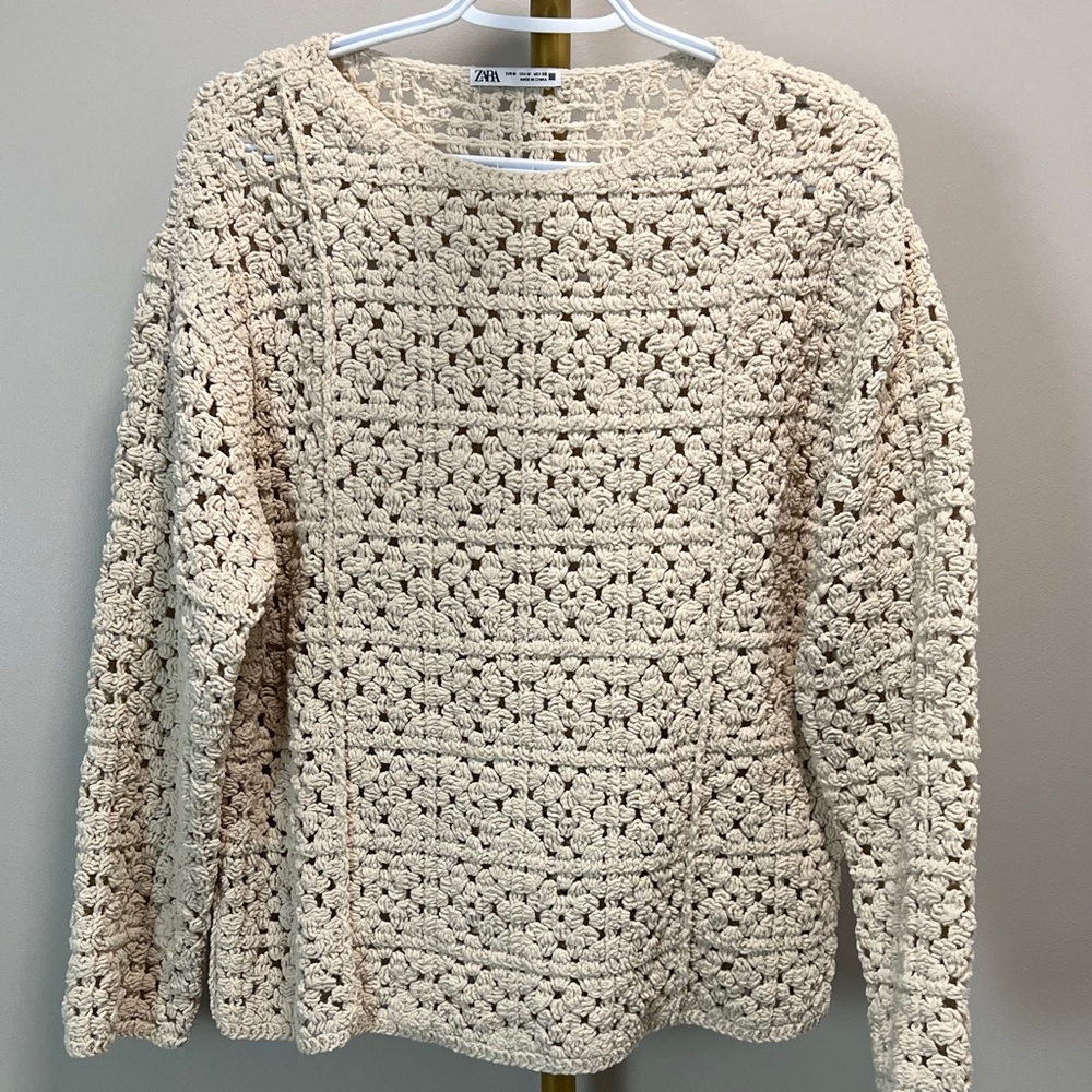 Zara Beige Crochet Crew Neck Sweater